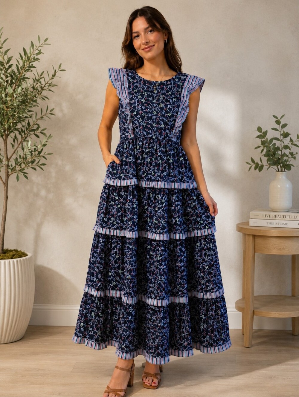 NWT Simply Southern Navy Floral Tiered Midi Dress Pink & White Accents Sz XL/XXL